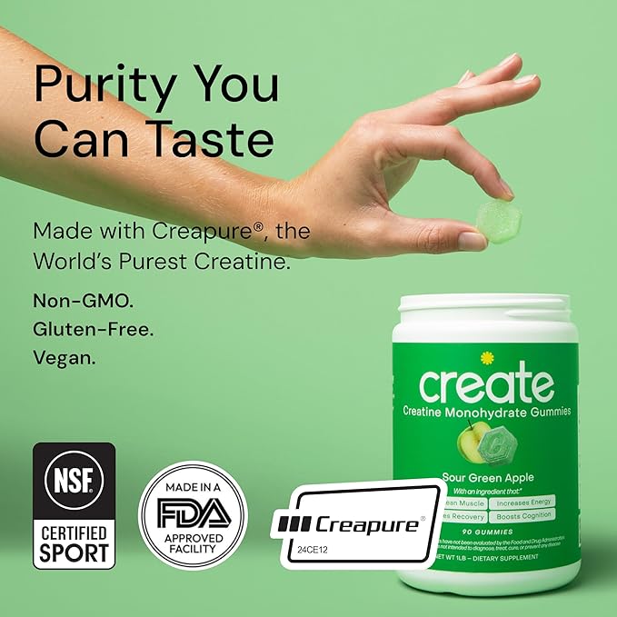Creatine Monohydrate Gummies for Men & Women - Boost Focus, Strength, and Endurance, Anti-Melting Formula, Vegan, Gluten-Free, Non-GMO, 1.5 Gram Creatine per Gummy (Sour Green Apple, 90 ct)