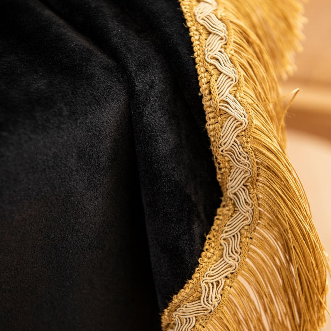 F-CHU Luxury Black Tablecloth Thickset Velvet Tablecloth with Beautiful Gold Tassels Vintage Table Cloth for Home Decor Wedding, Party, Banquet and Events 60" Round