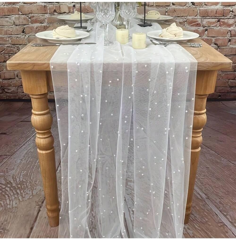 EHLDekol Pearl Table Cloth Elegant Polyester Table Runner with Artificial Pearl Accents Extra Long 10 ft 60 x 120 Inches Pearl Tulle Table Runner for Wedding (60inch Width, White, 1 Piece)
