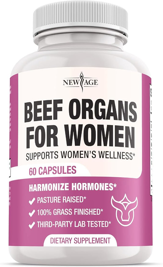 NEW AGE Beef Organ Supplement for Women - Beef Liver, Kidney, Heart and Uterus Tissue, Supports Women's Overall Energy and Health - Pasture Raised, Grass Fed - No Fillers - 60 Capsules