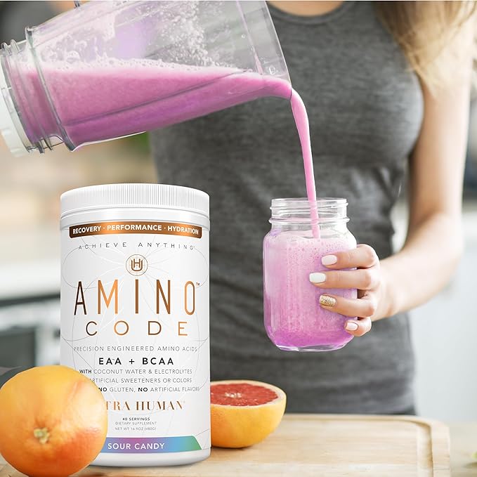 Ultra Human Amino Code | Essential Amino Acids + BCAAs + Coconut Water Electrolytes | Fast Hydration Workout Recovery Flavored Amino Energy Powder Drink | Clean Formula, 40 Servings - Sour Candy