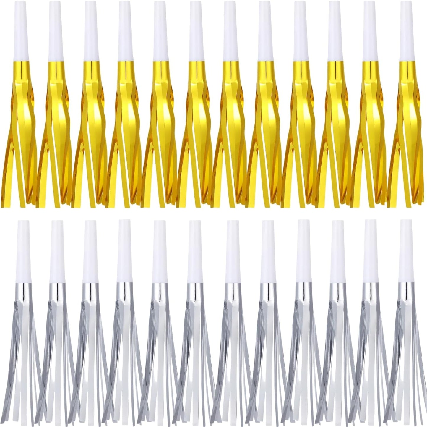 Metallic Fringed Noise Makers, 24 Pcs, Gold White, Silver White, for Noise Makers Party Favors, Baby Shower, Kids Birthday, New Year Party