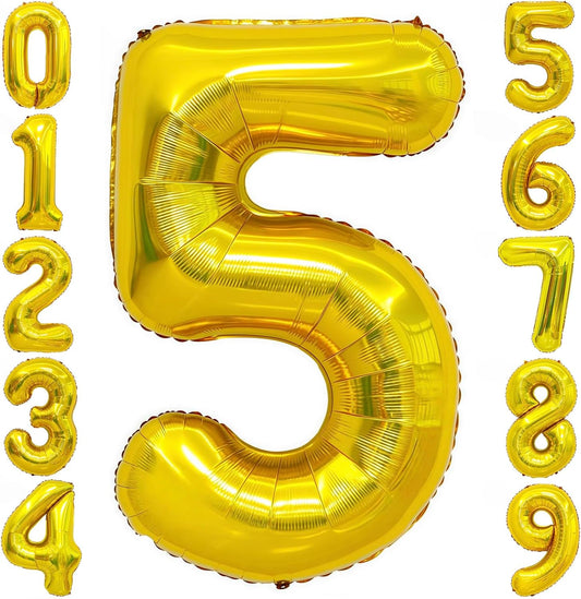 Gold 5 Balloon Number,40 Inch Number 5 Balloon Large Gold 5 Foil Mylar Helium Balloon for Birthday Party Decorations