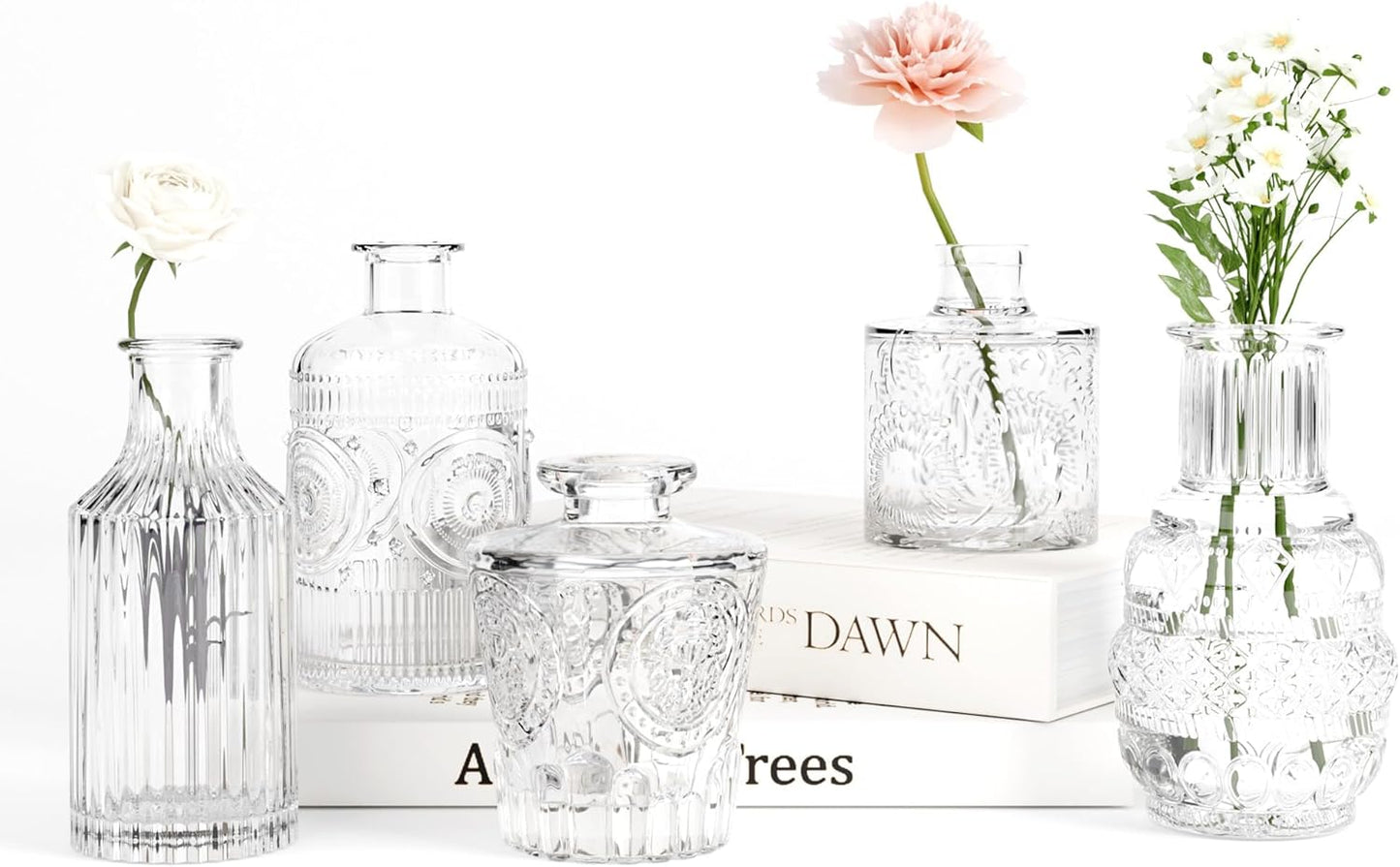 Gather & Bloom Creations 5 Piece Mini Bud Vase Set – Clear Glass Small Vases in Unique Shapes & Sizes for Flowers, Fairy Lights, Wedding Table Centerpieces, Vintage-Inspired Home Décor