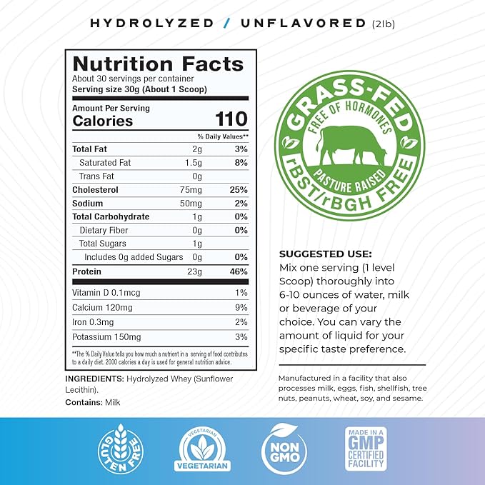 Muscle Feast Hydrolyzed Whey Protein Powder, Grass Fed and All Natural Hormone-Free, Hydro Whey Powder for Men and Women, Gluten Free, Non-GMO, Delicious Hydrolyzed Protein Powder, Unflavored, 2lb