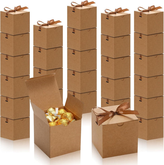 DOYIDE Small Gift Boxes, 60 Pcs 4x4x4 Inch Brown Elegant Paper Box with Ribbons, Party Favor Boxes for Candy Cupcake Christmas Wedding Baby Shower Bridesmaids Birthday