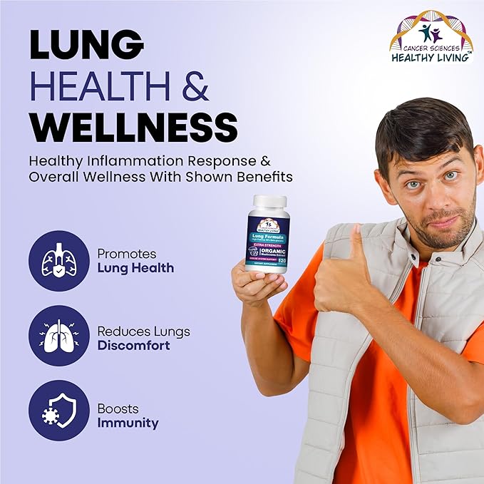 CANCER SCIENCES Lung Health & Wellness Supplement, USDA Certified Organic Mushrooms Extract, 1,500 mg Extra Strength, High Potency 40% Beta-Glucans, Immune Support, Healthy Lungs Booster, 120 Capsules