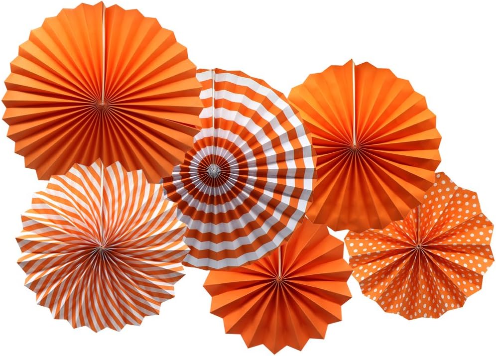 Party Hanging Paper Fans Set, Orange Round Pattern Paper Garlands Decoration for Birthday Wedding Graduation Events Accessories, Set of 6