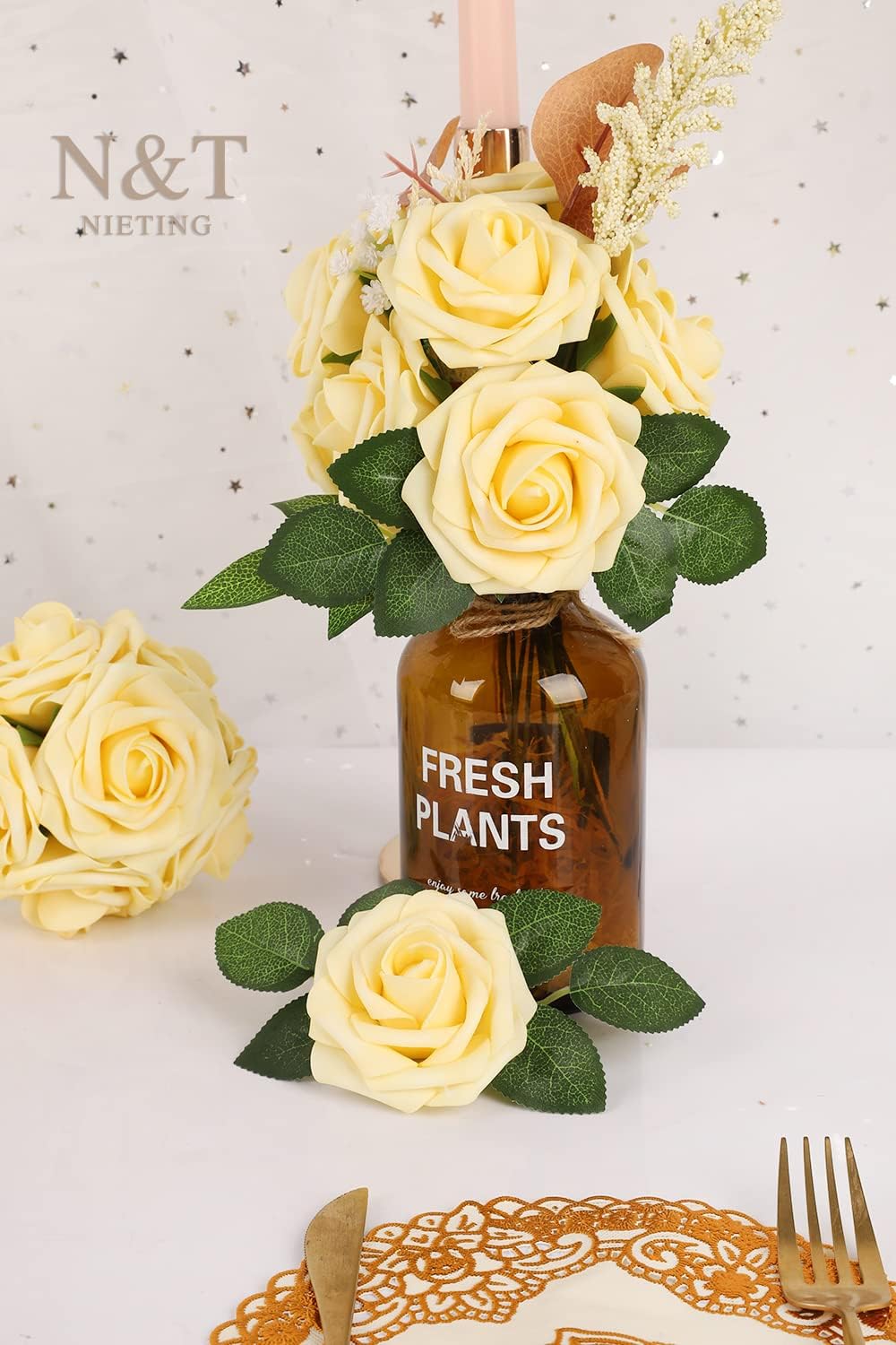 N&T NIETING Artificial Flowers, 25Pcs Fake Flowers Goose Yellow Roses Perfect for DIY Wedding Bouquets Centerpieces Bridal Shower Party Home Flower Arrangement Decorations