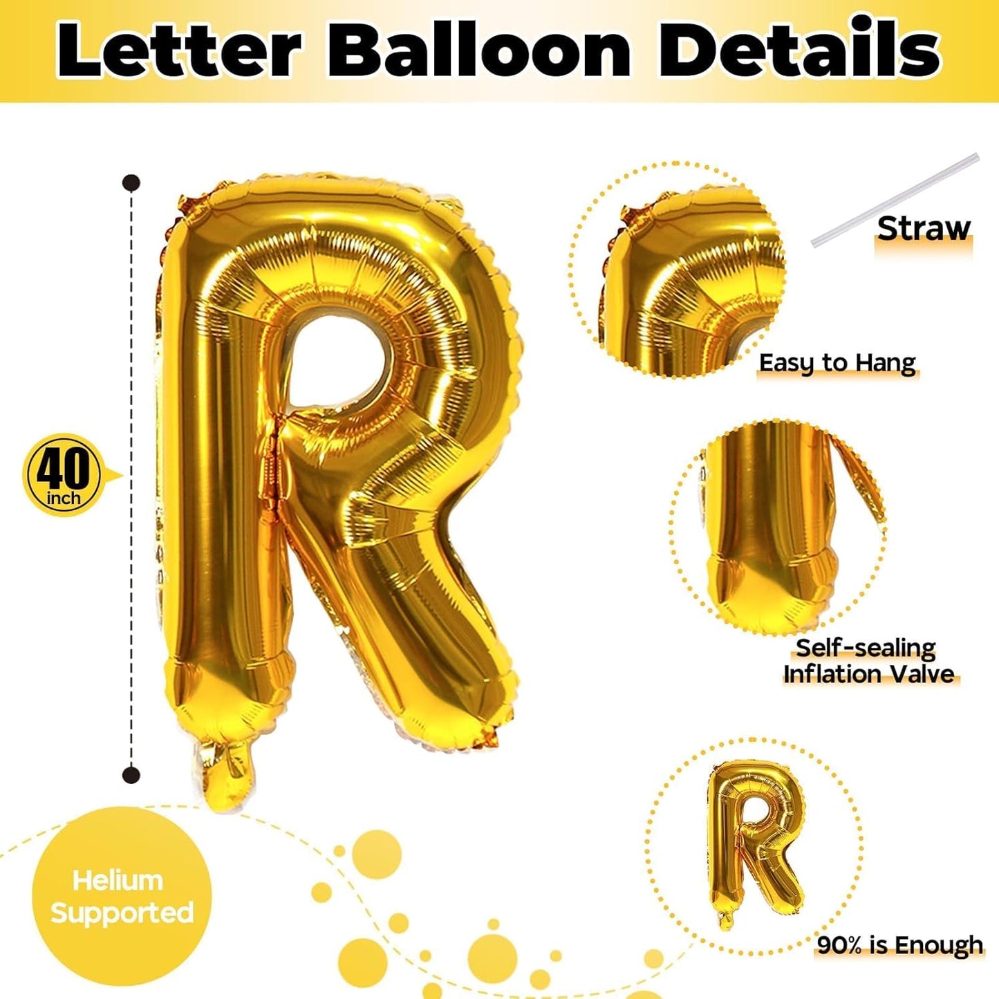 40 Inch Foil Letter Balloon, Big Alphabet R Word, Large Self Inflating Gold Decor for Custom Name, Helium Balloons for Women Birthday Party Anniversary Decoration Supplies