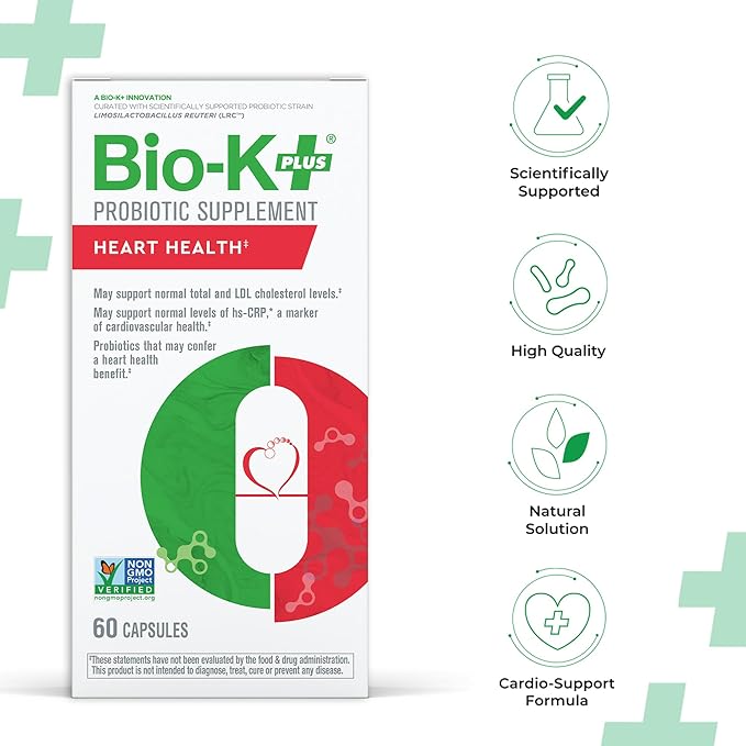 Bio K+ Heart Health Probiotic Capsules – Probiotics for Men and Women – Cholesterol and Heart Health* Support Supplement – Vegan, Shelf-Stable, Non-GMO – 60 Capsules