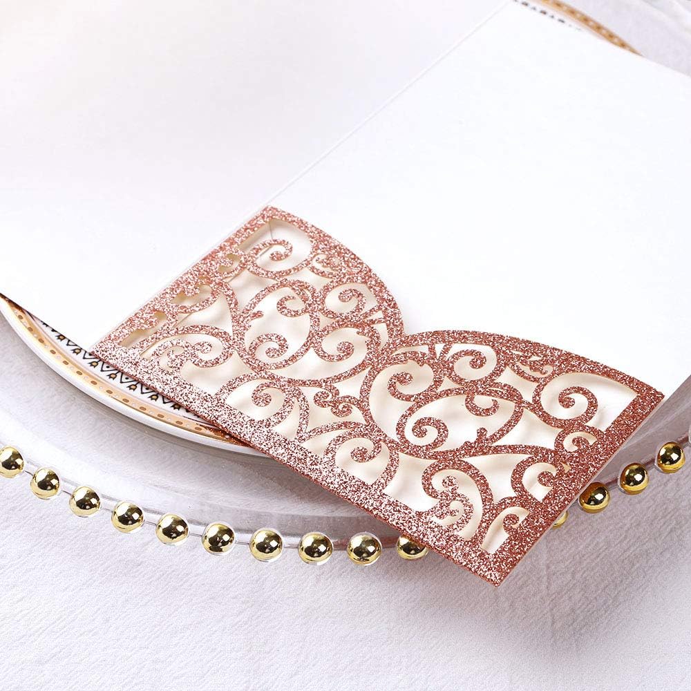 PONATIA 5.12 X 7.2 Rose Gold Glitter Wedding Invitations, 20PCS Tri-Fold Laser Cut Invitations Pockets With Envelopes For Wedding Bridal Shower Engagement Quinceanera Invitations (No Inner Sheet)