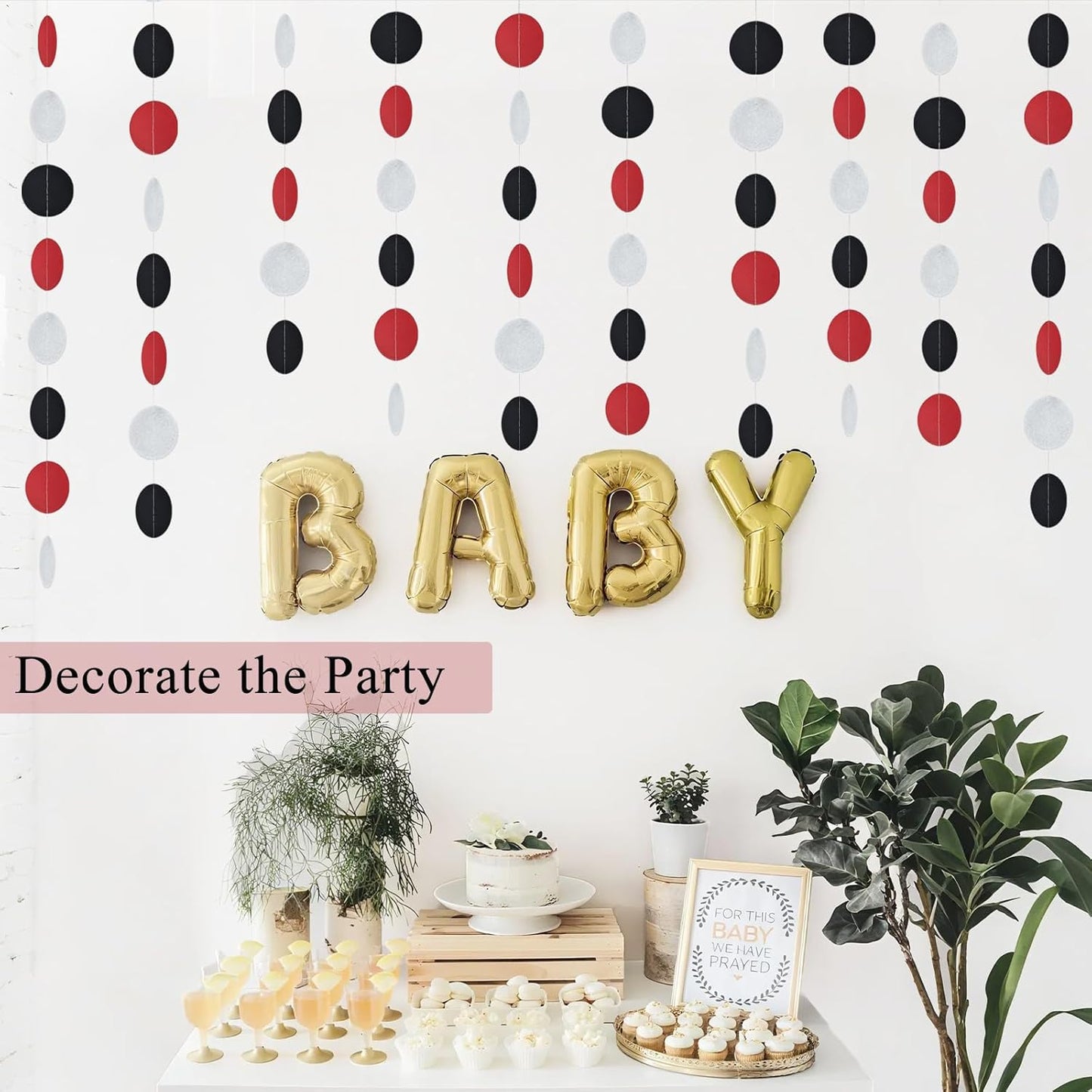 MerryNine Paper Garland 5 Pack, 50ft Glitter Paper Garland Circle Dots Hanging Decor, Banner for Baby Shower, Birthday, Nursery Party Decor (Red Black Silver)