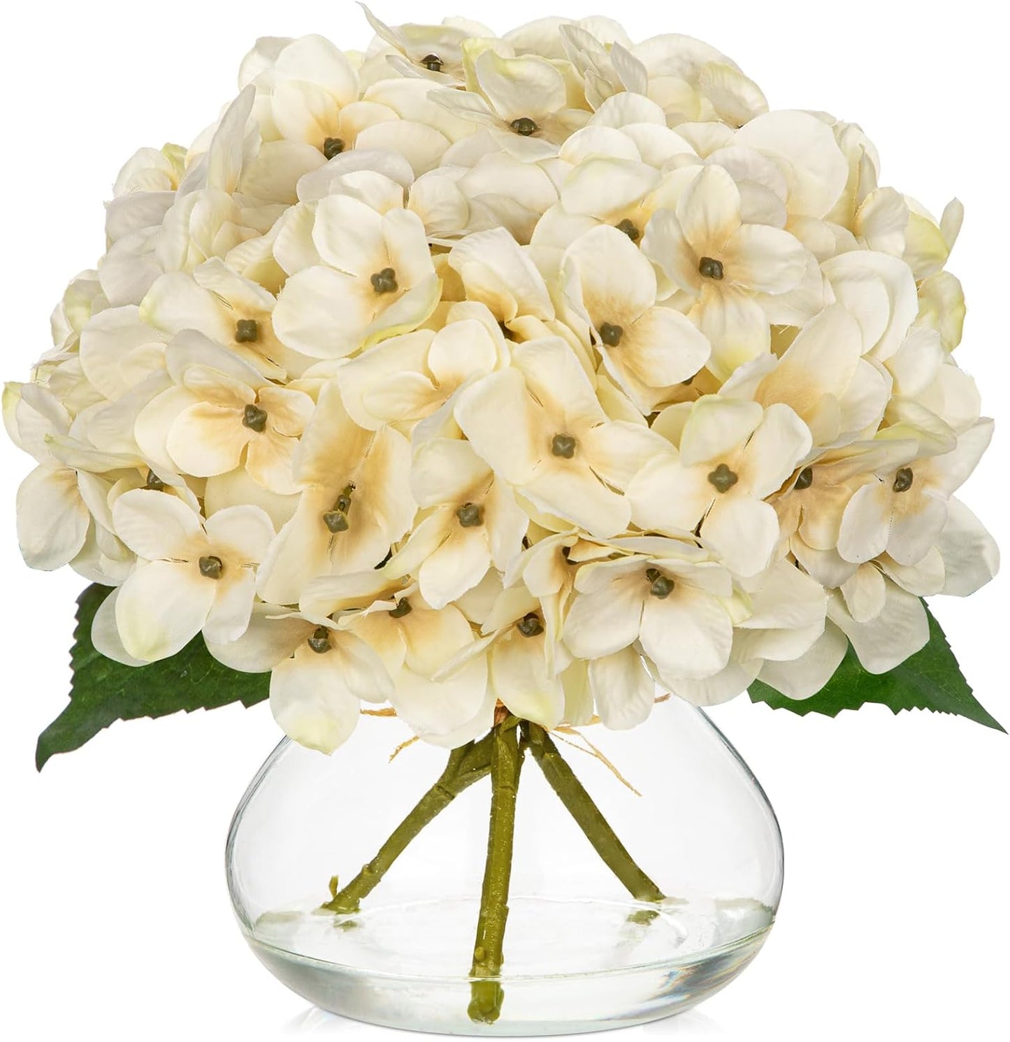 Hollyone Fall Hydrangea Artificial Flowers for Decoration with Glass Vase White Silk Fake Flower Arrangements with Faux Water Autumn Table Centerpiece Vase with Flowers Fall Decorations for Home