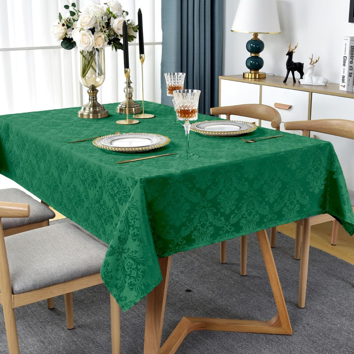 SASTYBALE Rectangle Jacquard Tablecloth, Damask Table Cloth SpillProof Wrinkle Resistant Tablecloths, Soft Polyester Oblong Table Cover for Kitchen, Dinner, Parties (Dark Green, 52X70)