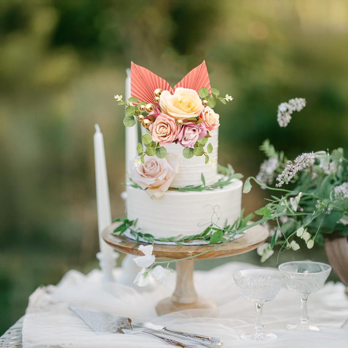 Gyufise 22Pcs Rose Artificial Flower Leaves Cake Topper Decorations Gold Balloon Cake Toppers Leaf Paper Palm Fan Cake Picks for DIY Wedding Birthday Valentine's Day Party Decorations Supplies Pink