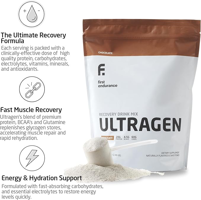 FIRST ENDURANCE Ultragen Workout Recovery Drink Powder, Protein Mix, Boosts Energy, Accelerates Recovery | Chocolate, 15 Servings
