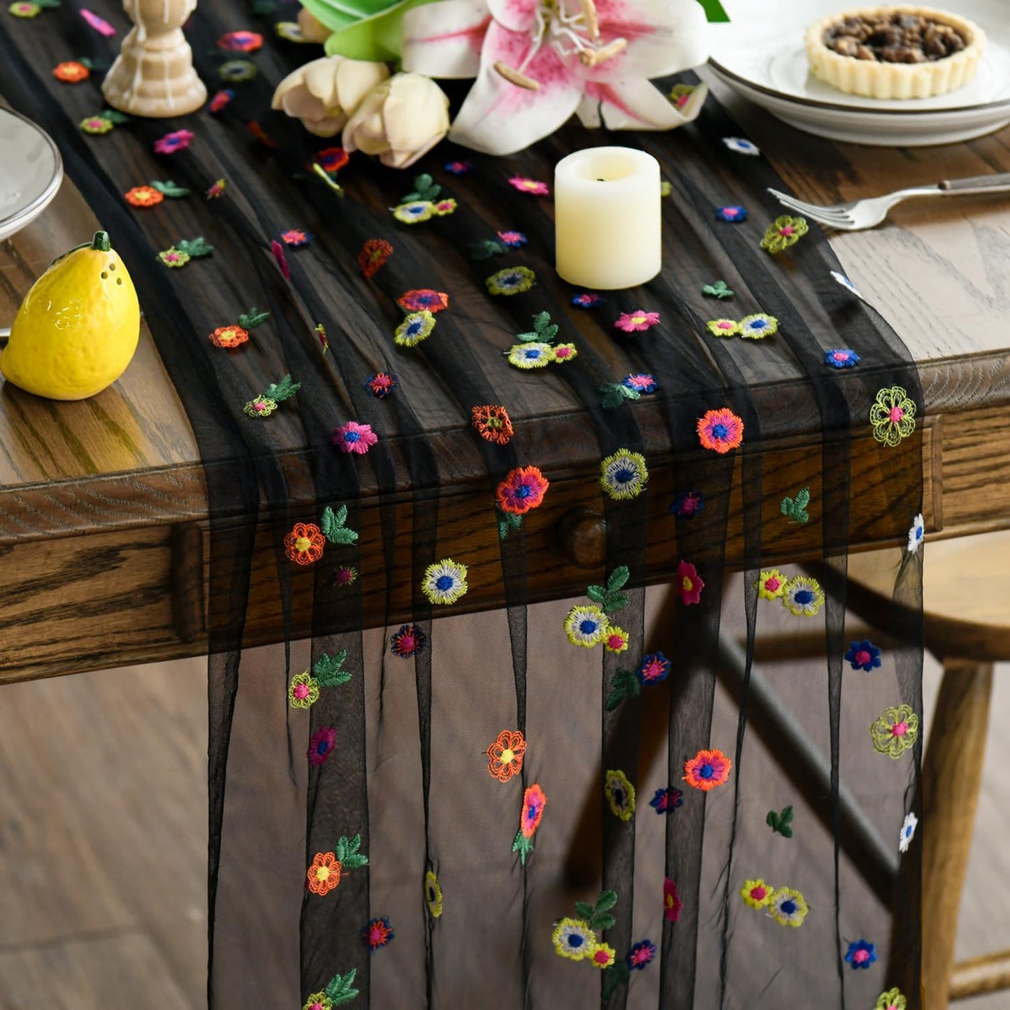 Artoid Mode Black Embroidery Daisy Gauze Table Runner 120 Inch 10FT, Seasonal Sheer Kitchen Dining Holiday Wedding Birthday Table Decor for Home Party