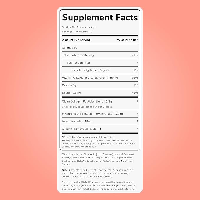 Clean Simple Eats Collagen Powder + Beauty Blend, Ruby Red Raspberry, Hydrolyzed Collagen Peptides from Grass Fed Bovine & Chicken, Hyaluronic Acid for Hair, Skin, Nail & Joint Support, 30 Servings