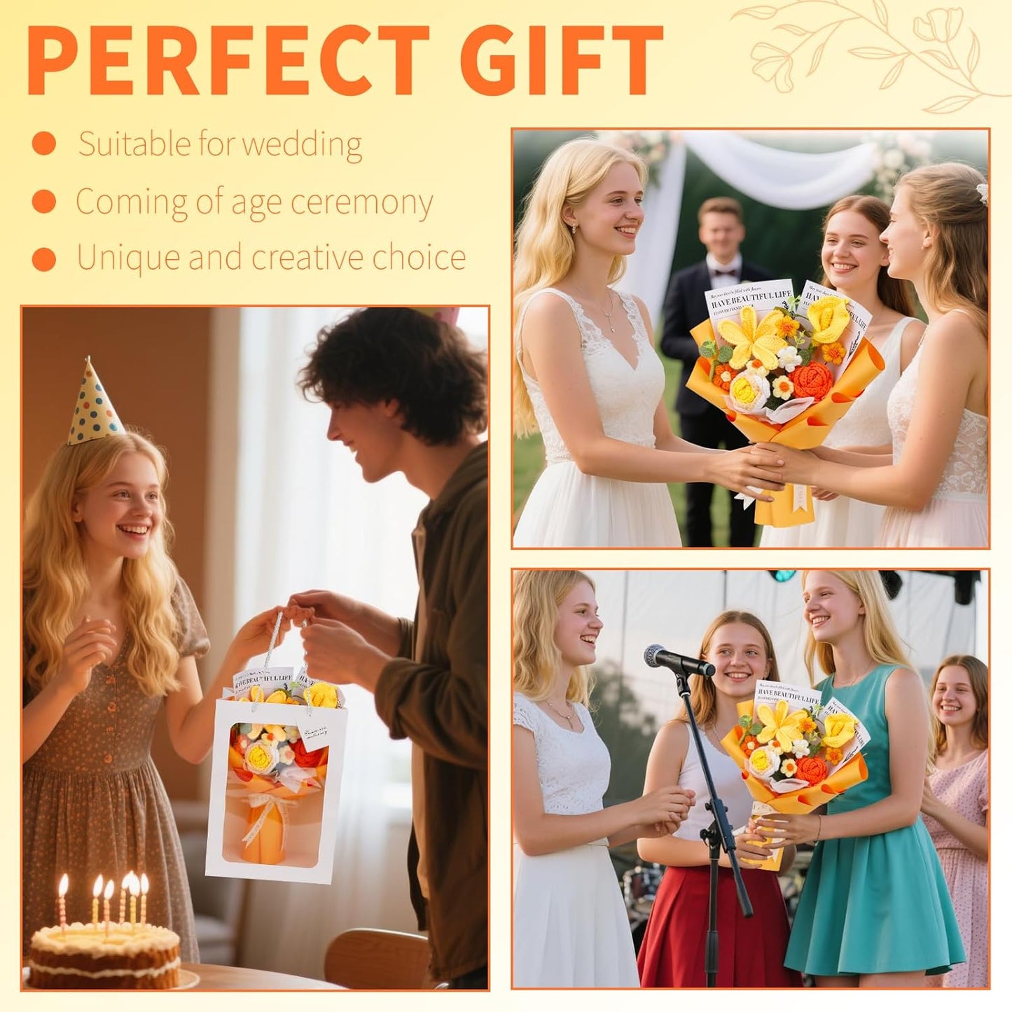 Crochet Flowers Cute Bouquet, Handmade Crochet Flowers Knitted Bouquet, Tulips Flower and Calla Lily for Birthday, Teacher’s Day, Graduation, Valentines (Yellow)