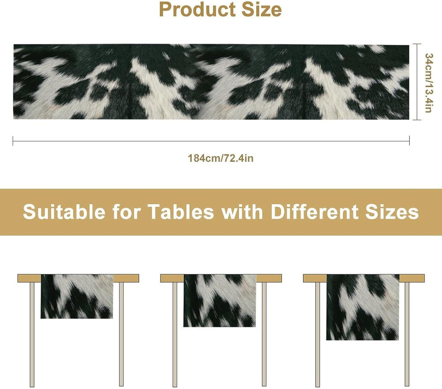 Cow Skin Print Table Runner, Rustic Country Farm Fur Skin Cowhide Pattern Western Style Black White Print Table Runner for Home Kitchen Dinning, 13x108 Inch