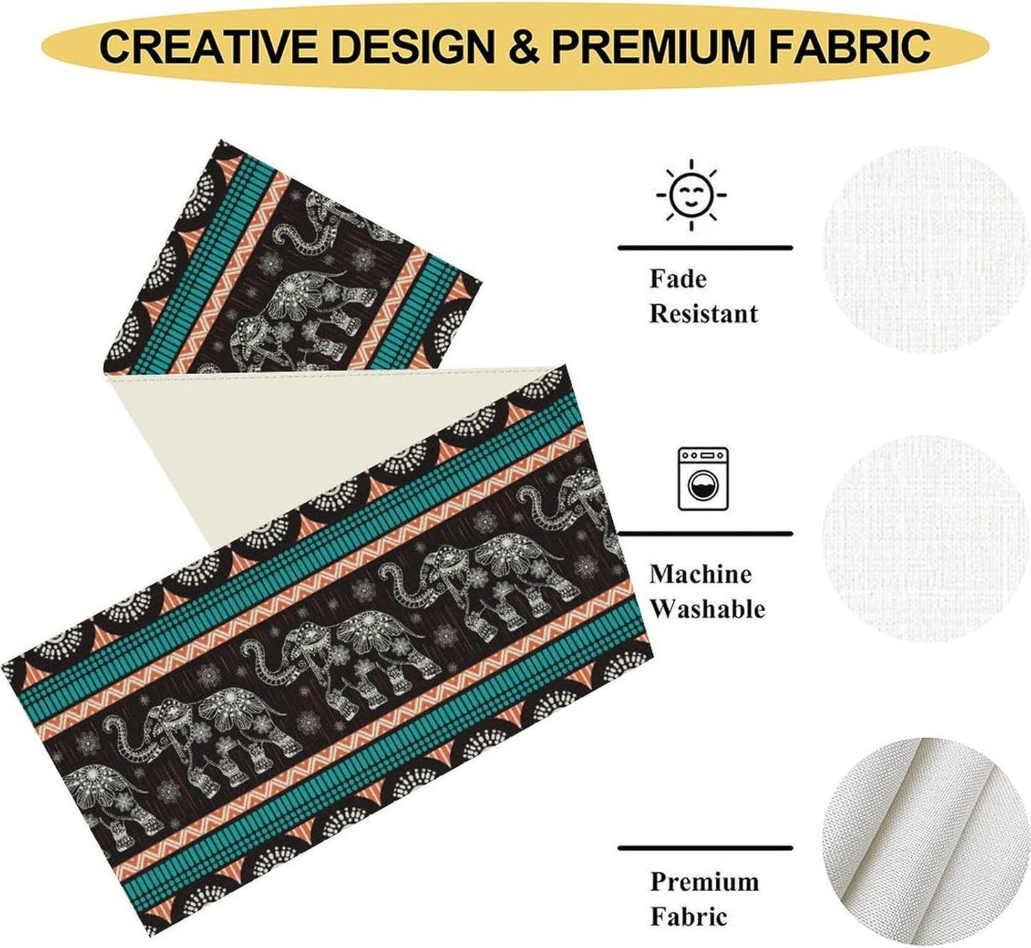 Boho Elephant Table Runner, Vintage Tribal Traditional Bohemian African Animals Ethnic Folk Table Center Decor for Home Kitchen Dining Patio Holiday Party Indoor Table Decorations, 13"x90" Inch