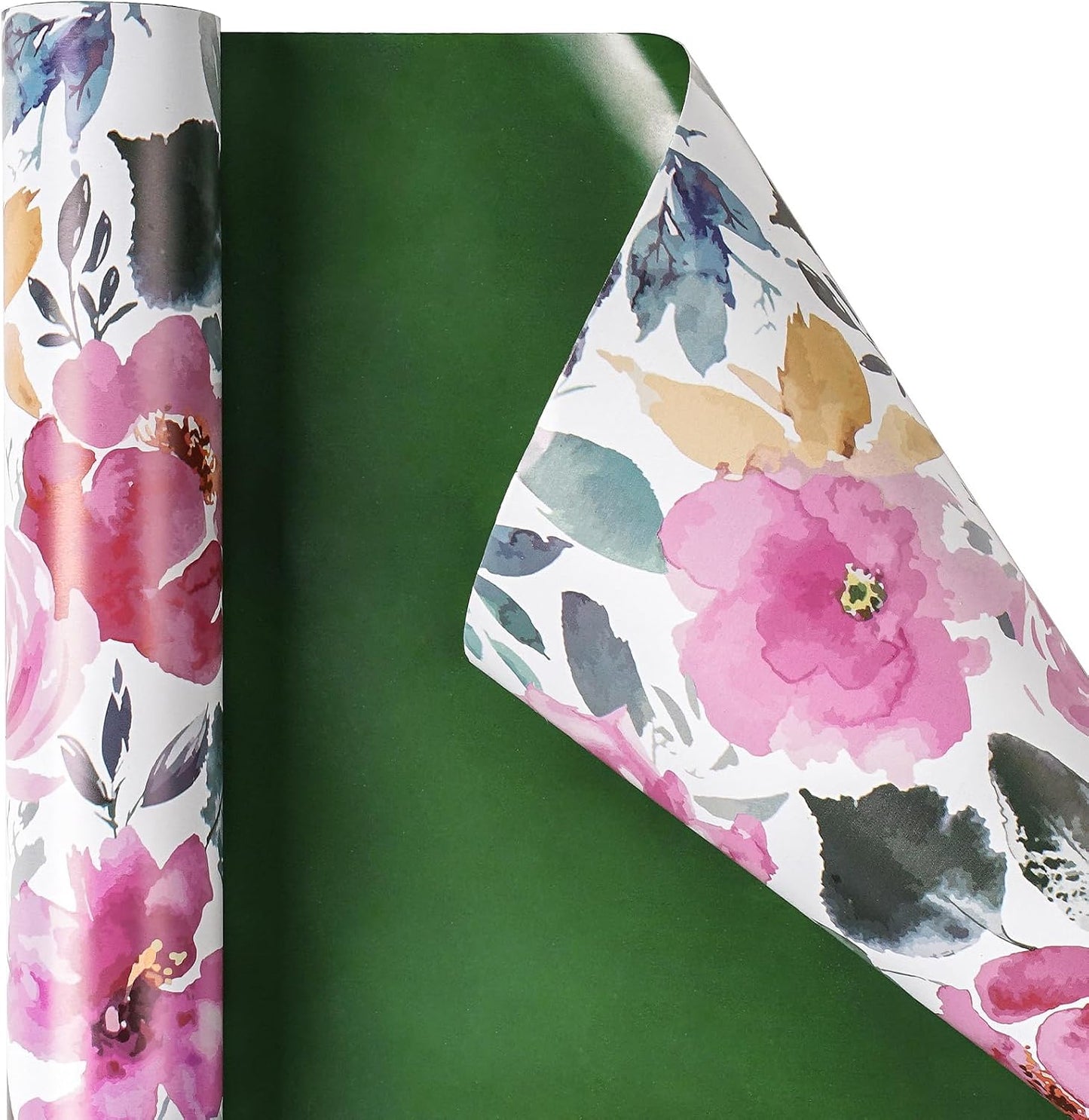 RUSPEPA Reversible Floral Wrapping Paper for Women, Mini Roll, Vintage Pink Rose with Deep Green Solid, Elegant Gift Wrap for Birthday, Wedding, Mother's Day, Bridal Shower, 17 Inches x 16.4 Feet