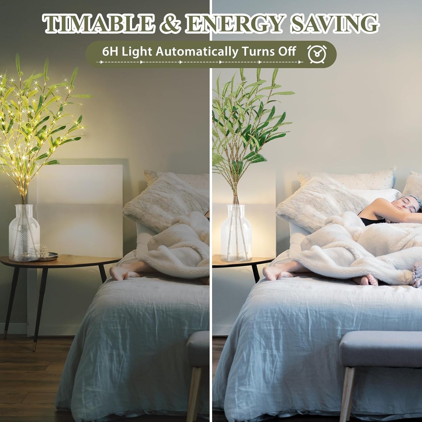 Olive Branches for Vases with Battery Operated Lights 33 Inches, 99LED Lighted Olive Tree Branches with Timer for Indoor Outdoor Spring Christmas Room Wedding Decoration