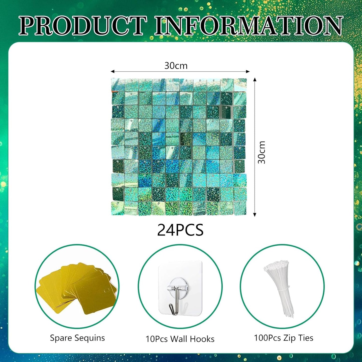 24PCS Light Green Shimmer Wall Backdrop, Laser Square Sequin Photo Backdrops Panel, Glitter Wall Background for Birthdays, Weddings, Christmas, Engagements, Disco Bachelorette Party Decor (4FTx6FT)