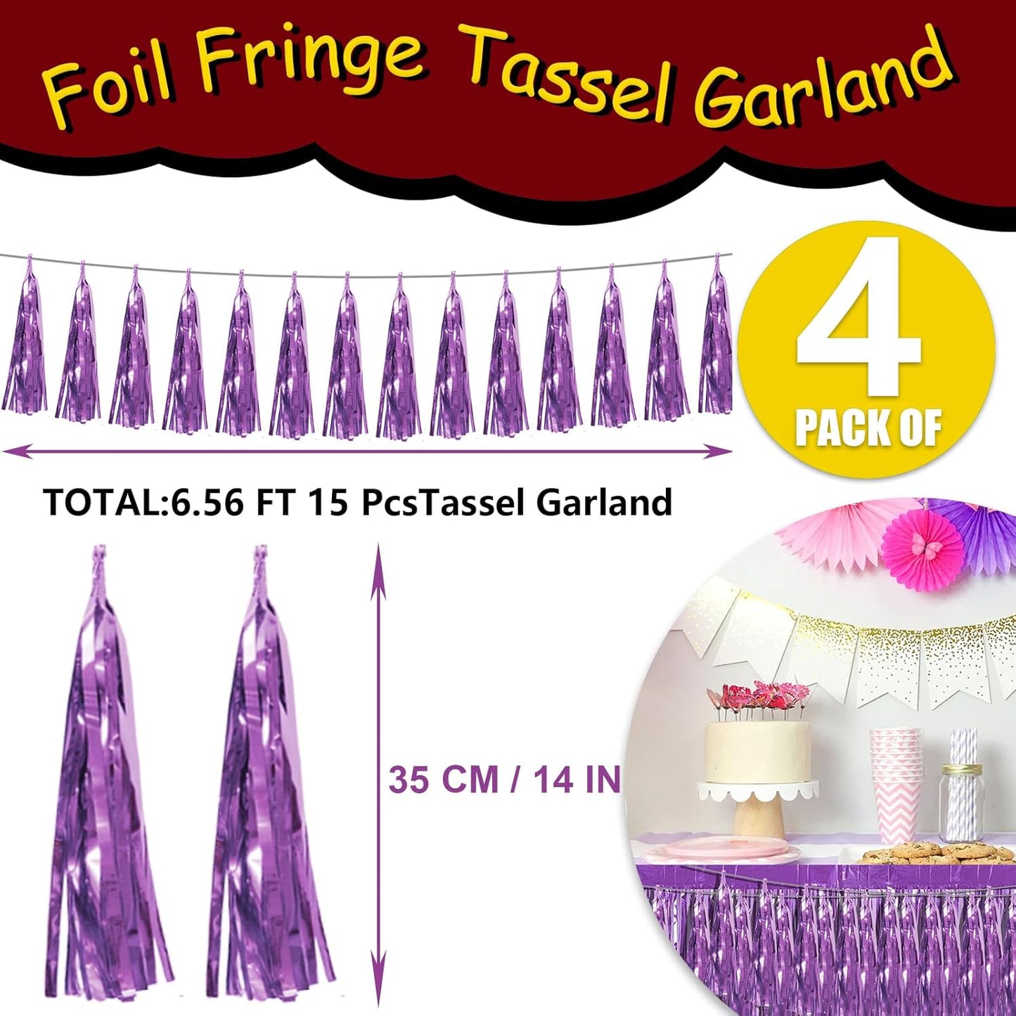 4P Light Purple Foil Fringe Tassel Banner Garland Metallic Tinsel Streamers Wall Hanging Curtain Backdrop Banner for Parade Floats, 2024 Graduation Decorations, Father's Day Party Decoration