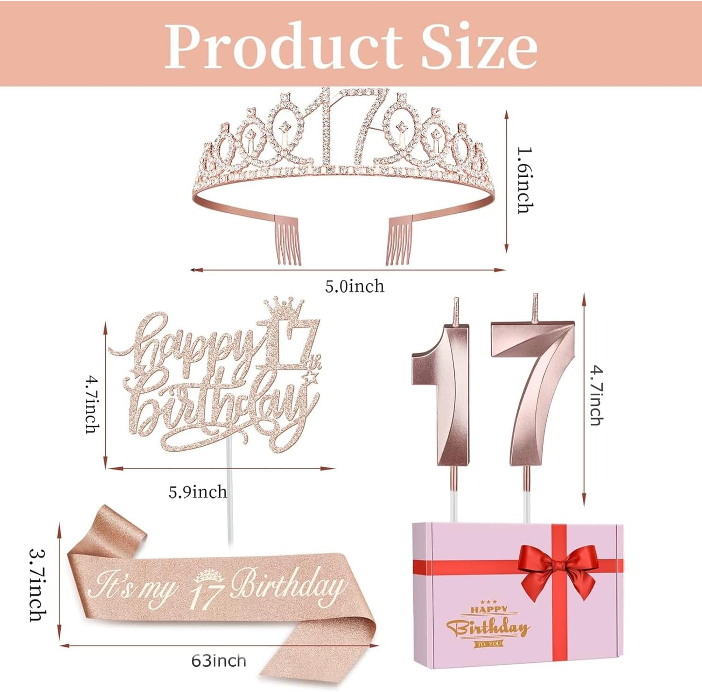 17th Birthday Decorations for Girls Including Birthday Girl Sash, Crown, Numeral Candles and Cake Topper, 17 Year Old Decorations Gifts, Rose Gold Party Decor Supplies