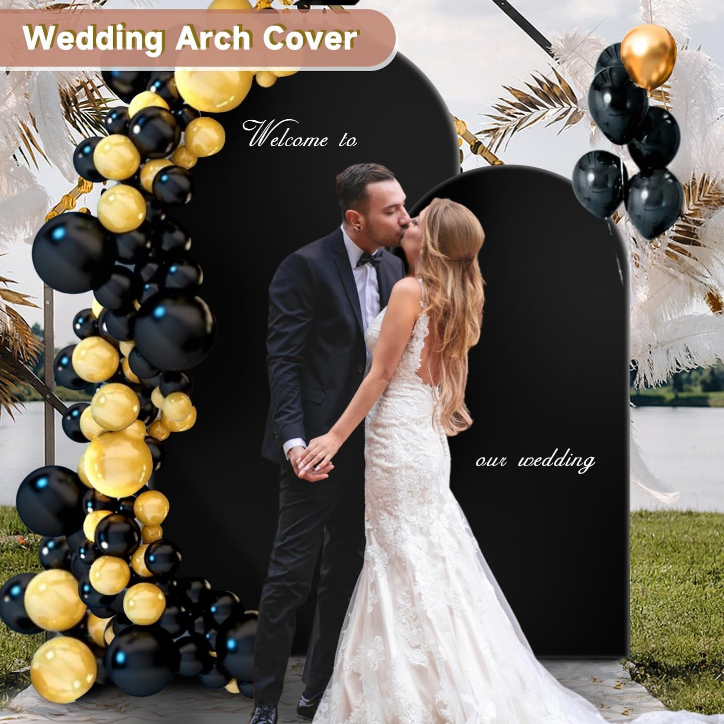 Hemmotop Wedding Arch Backdrop Cover, Set of 2 (7.2ft, 6ft), 2 Sided Stretchy Spandex Fitted Balloon Arch Stand Backdrop for Birthday Party, Baby Shower, Black