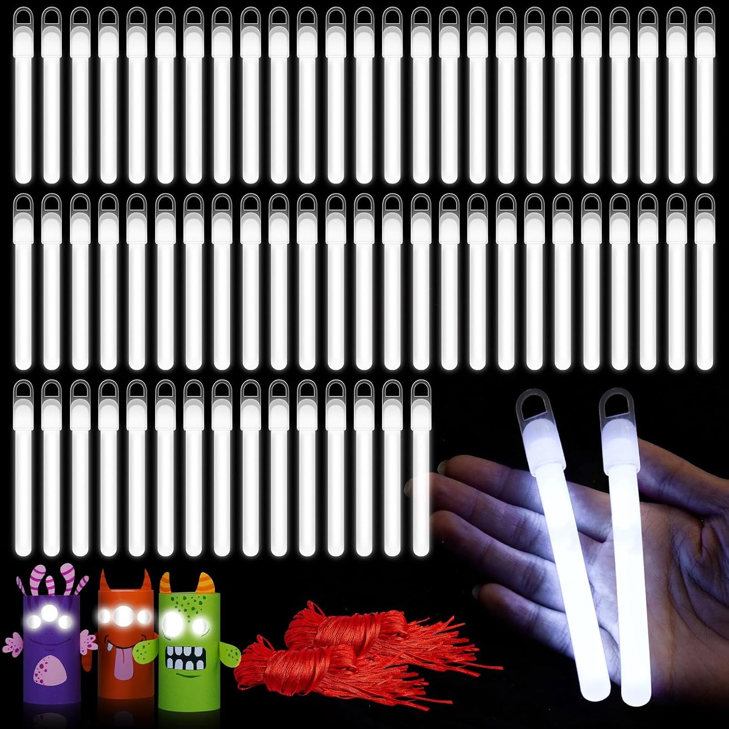 Lewtemi 50 Set 4'' Glow Sticks Bulk, Hallowee Glow in The Dark Party Supplies, Emergency Light Sticks with Lanyard, for Birthday, Light up, Neon, Halloween Theme Party Favors