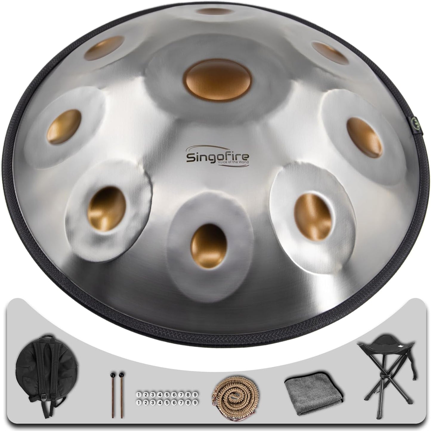 "SINGOFIRE" 9-Notes Handpan Drum, Handpan Drums for Adults, 22-Inch 440Hz D Minor Kurd Handpan, HandPan Instrument with Soft Handpan Bag, 2 Handpan Mallets, Handpan Stand and Dust-Free Cloth(Gold Eye)
