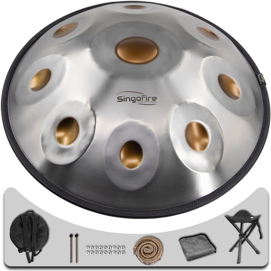 "SINGOFIRE" 9-Notes Handpan Drum, Handpan Drums for Adults, 22-Inch 440Hz D Minor Kurd Handpan, HandPan Instrument with Soft Handpan Bag, 2 Handpan Mallets, Handpan Stand and Dust-Free Cloth(Gold Eye)