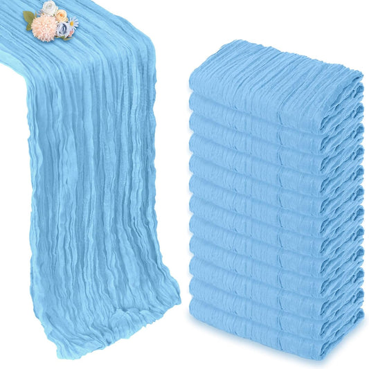 12 Pack Baby Blue Cheesecloth Table Runner 10ft Boho Gauze Fabric Cheese Cloth Table Runner 35 x 120 Inch Rustic Sheer for Romantic Wedding Decor Baby Shower Party Table Centerpiece Decoration