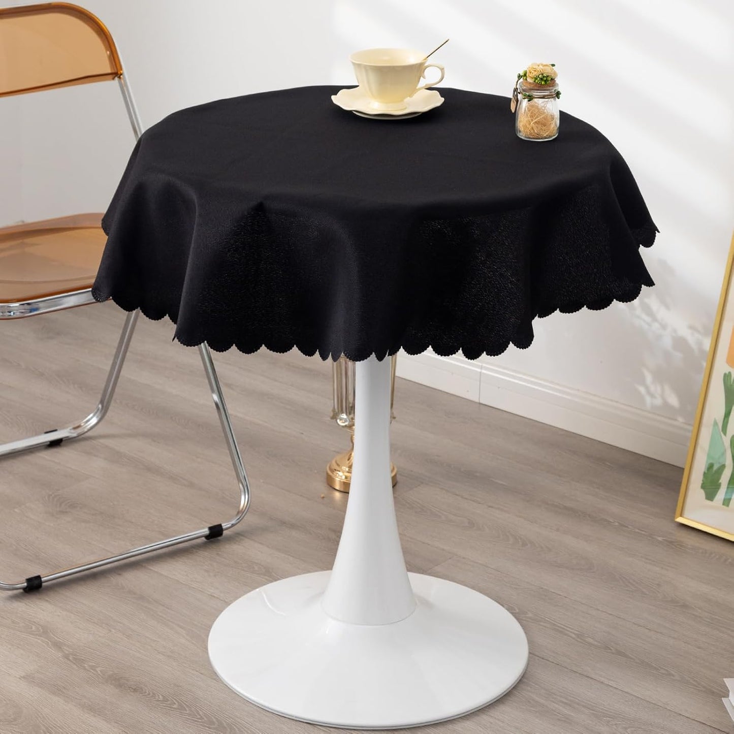 Round Black Tablecloth 48 Inch Polyester Fabric Washable Table Cloth Decorative Wrinkle Resistant Solid Color Table Cover for Kitchen Dinning Party Wedding Camping