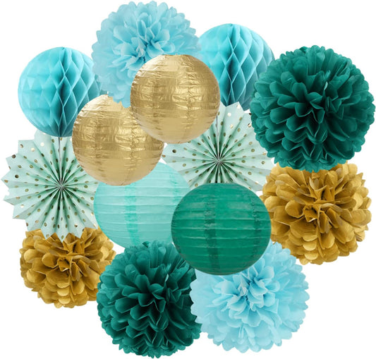 Sage-Green Teal-Blue Party-Decorations Streamers Lanterns - 14pcs Rustic Wedding Baby Shower Paper Lanterns Fan,Tissue Pom Poms,Honeycomb Balls,Birthday Bachelorette Engagement Bridal Decor Ouruola