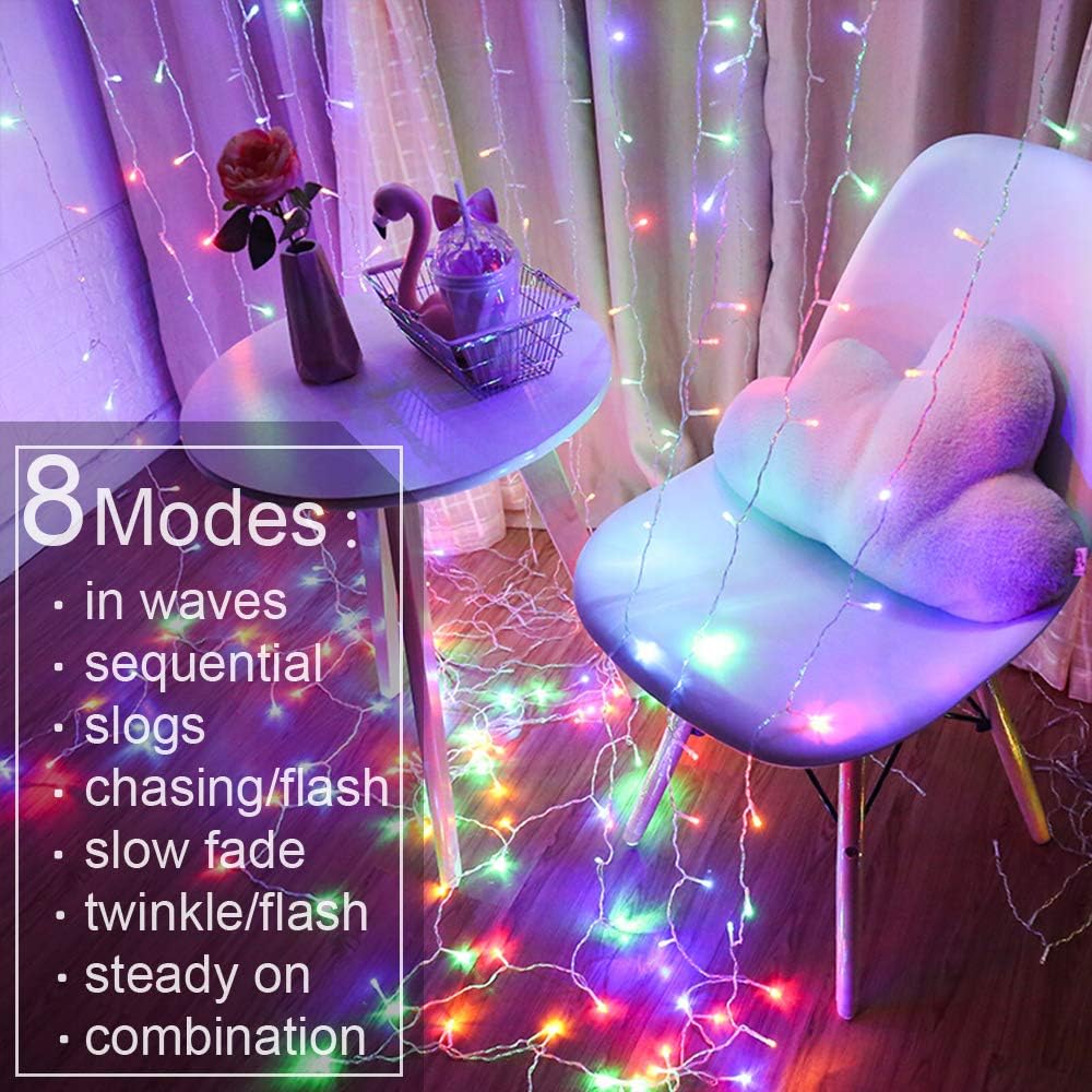 YEOLEH String Lights Curtain,USB Powered Fairy Lights for Party Bedroom Wall,8 Lighting Modes & IP64 Waterproof Ideal for Wedding Valentines Day Decor (Multi-Colored,7.9Ft x 5.9Ft)