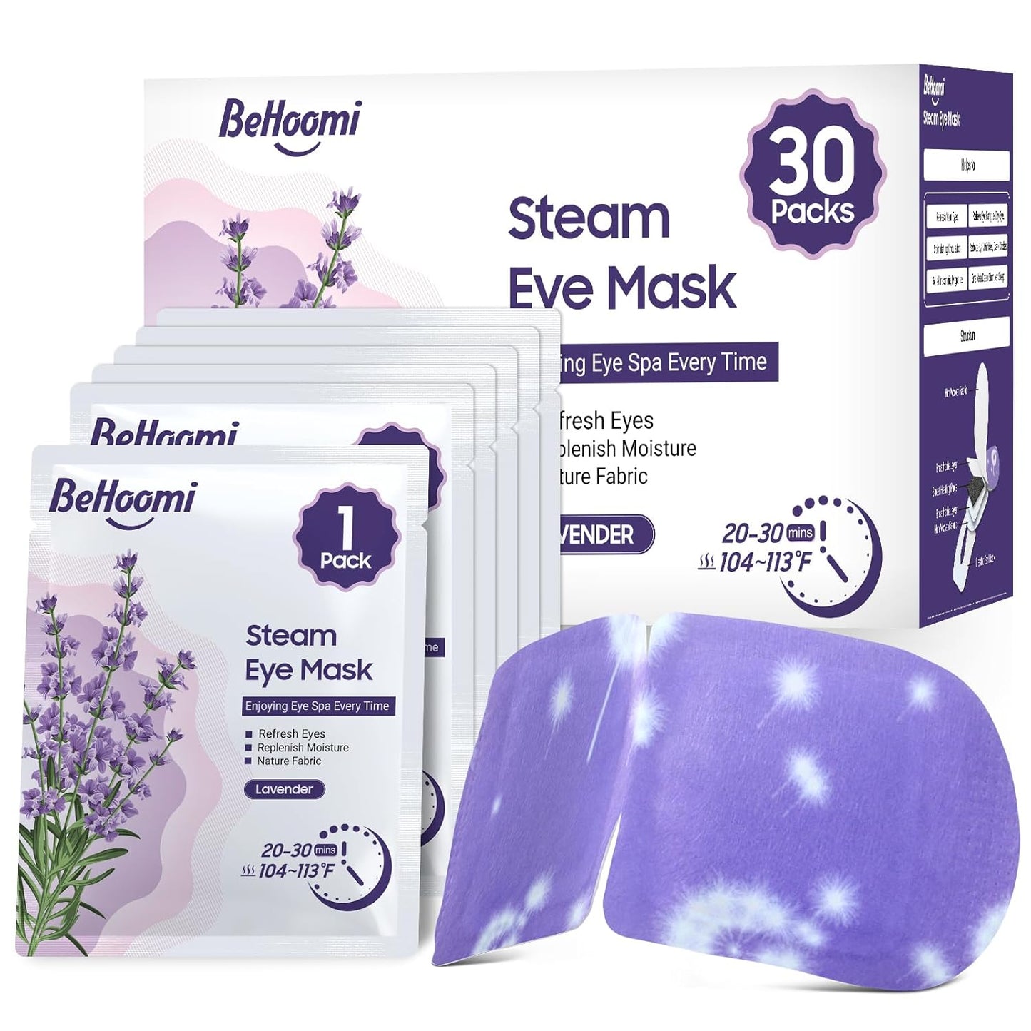 30Packs Steam Eye Mask, Heated Eye Mask Warm Compress for Eyes, Self Heating Warm Eye Masks Disposable Steam Mask for Home Sleep, Spa, Travel Essentials & Relaxation Gifts (Lavender)