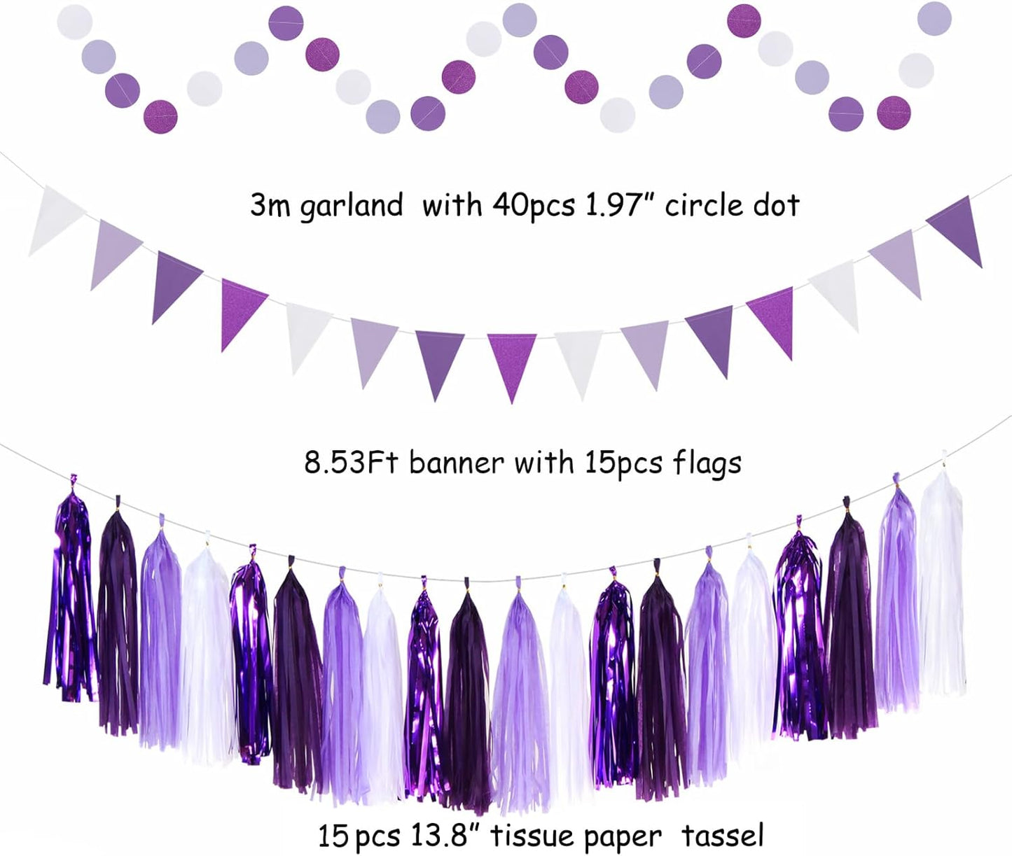 Purple-White Lavender Women-Girl Birthday Party-Decorations - 33pcs Paper Lanterns Fans,Streamers Tassel Garland Banner,Tissue Pom Poms,Baby Bridal Shower Wedding Bachelorette Graduation Decor Hugtmr