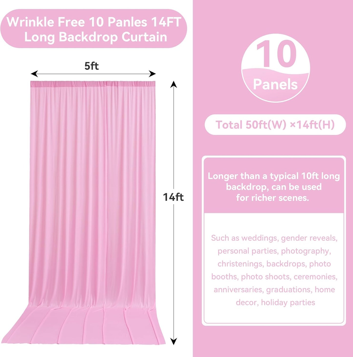 50ftx14FT Wrinkle Free Pink Backdrop Curtain, 10 Panels 14FT Height Pink Wedding Backdrop Drapes, Silky Polyester Back Drop Cloth for Birthday Photography Background Party Backdrop Draping