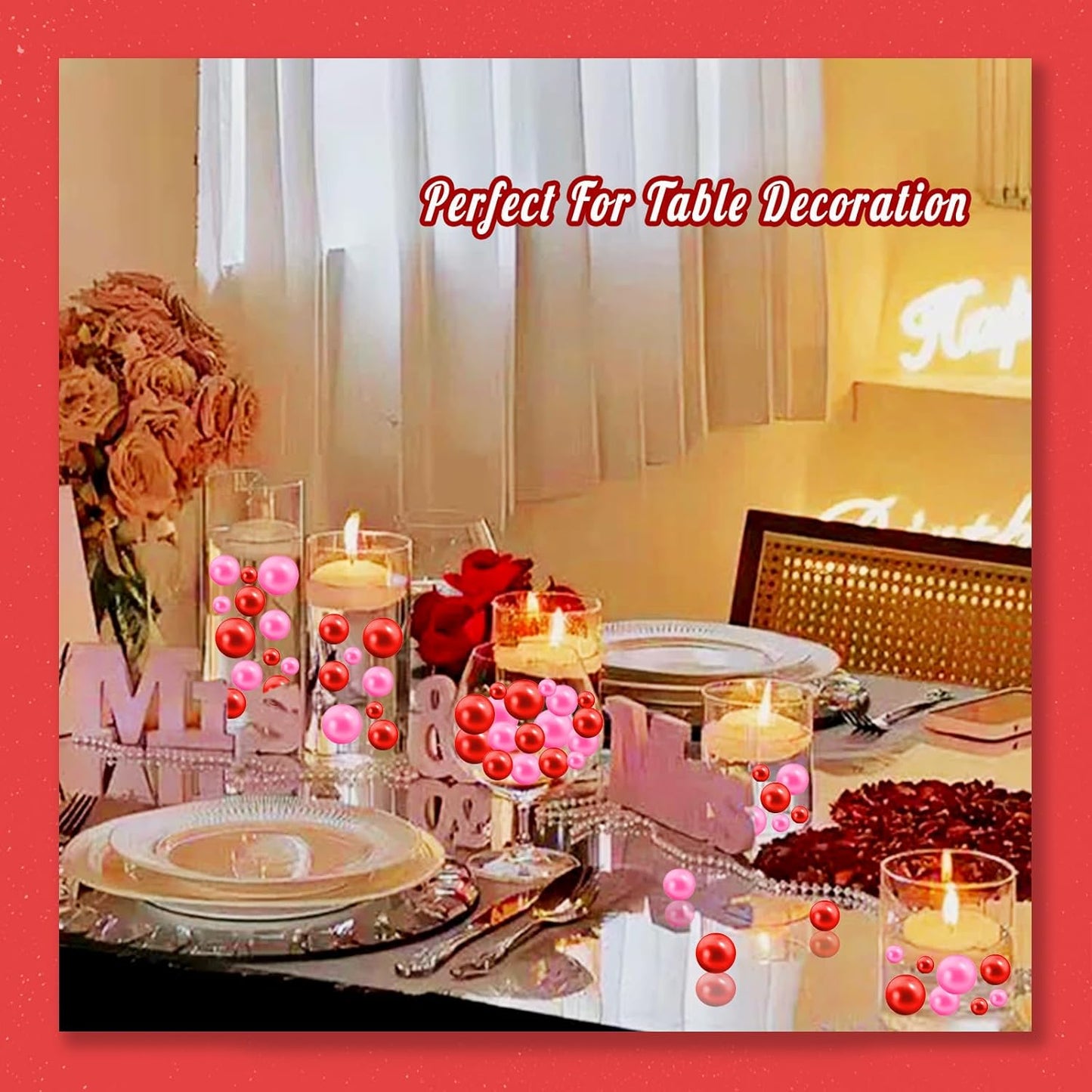 300Pcs Vase Filler Red Pink No Hole Faux Pearl Beads for Vase Filling Decorations, Candle Centerpieces, Wedding Centerpieces, Home Party Decor (8/14/20mm)