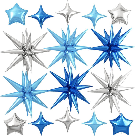 Blue Silver Star Balloon,16Pcs Star Foil Balloons Set with 22Inch Explosion Spike Cone Balloons and 10Inch Quadrangle Helium Balloon for Birthday Wedding Baby Shower Party Decorations