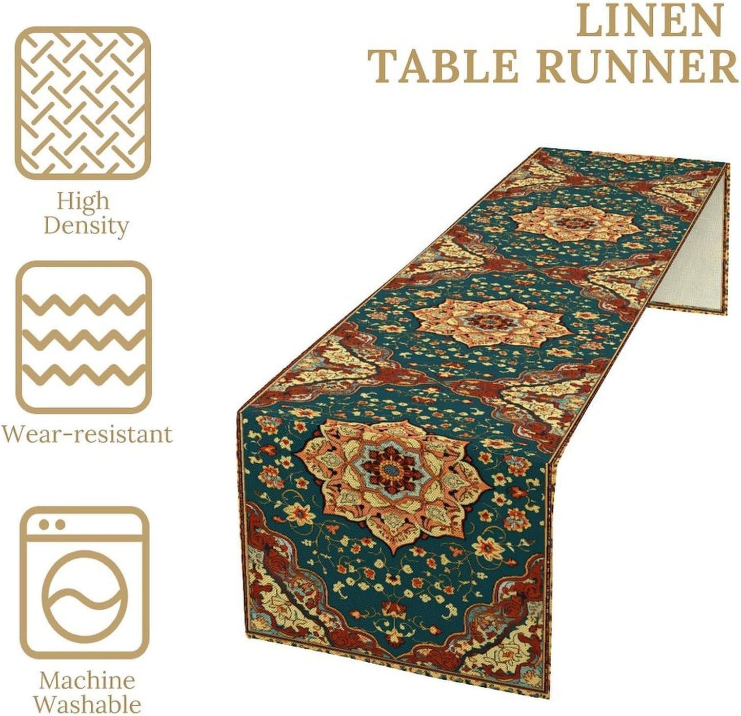 Boho Rich Table Runner, Vintage Blue Teal Gold Retro Flower Rustic Country Style Floral Print Pattern for Home Kitchen Table Decor Dining Coffee Room Garden Party Decor 13x60in