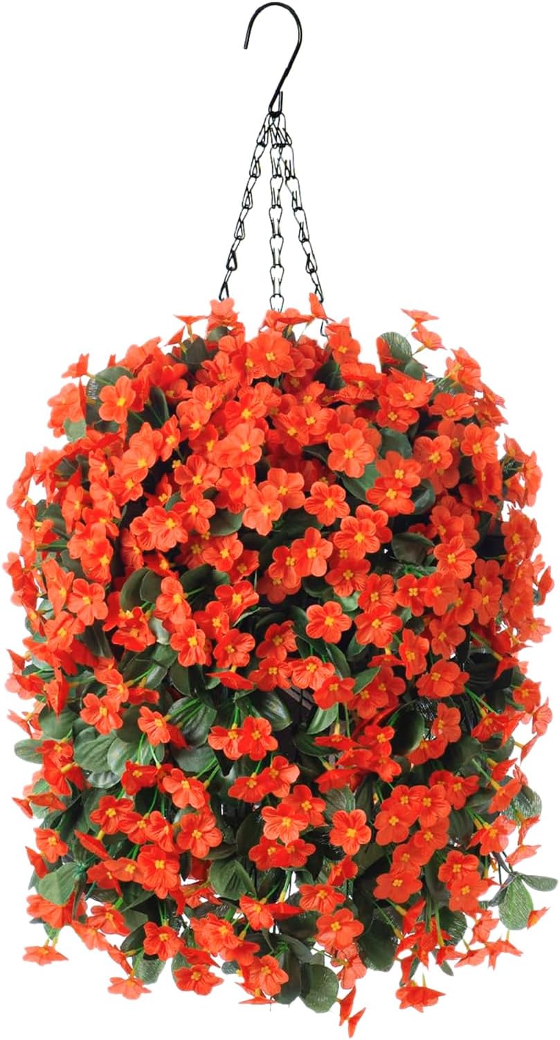 Artificial Fake Fall Hanging Flowers Plants Baskets for Autumn Outdoor Outside, Faux Silk Orange Orchid in Planter UV Resistant for Home Porch Garden Yard Patio Decor