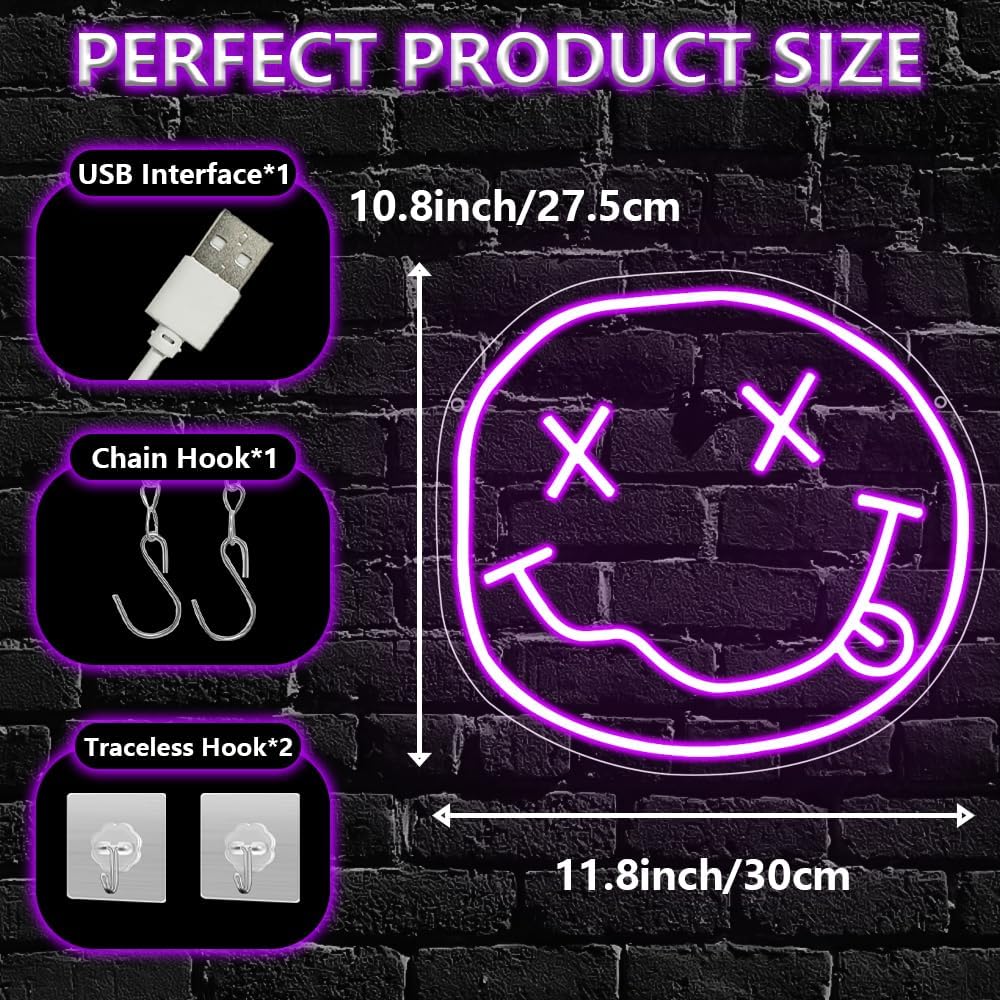 Smiley Face Neon Sign,Melting Smile Face LED Light Signs for Backdrop,Purple Wall Art Decor for Bar Bedroom Kids Room Party Decorations,Gift for Kids Teens Women USB Powered（11.8"*10.8"）