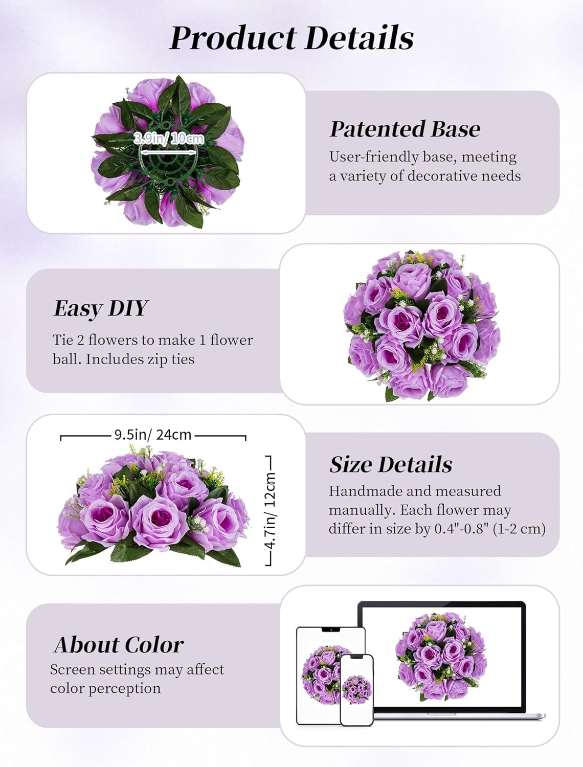 BLOSMON Flower Balls Wedding Rose Centerpieces: 10 Pcs Lilac Fake Flowers Lilac Kissing Balls Decor Lilac Artificial Floral Arrangements Flower Bouquet of Roses Home Party Table DIY Decorations