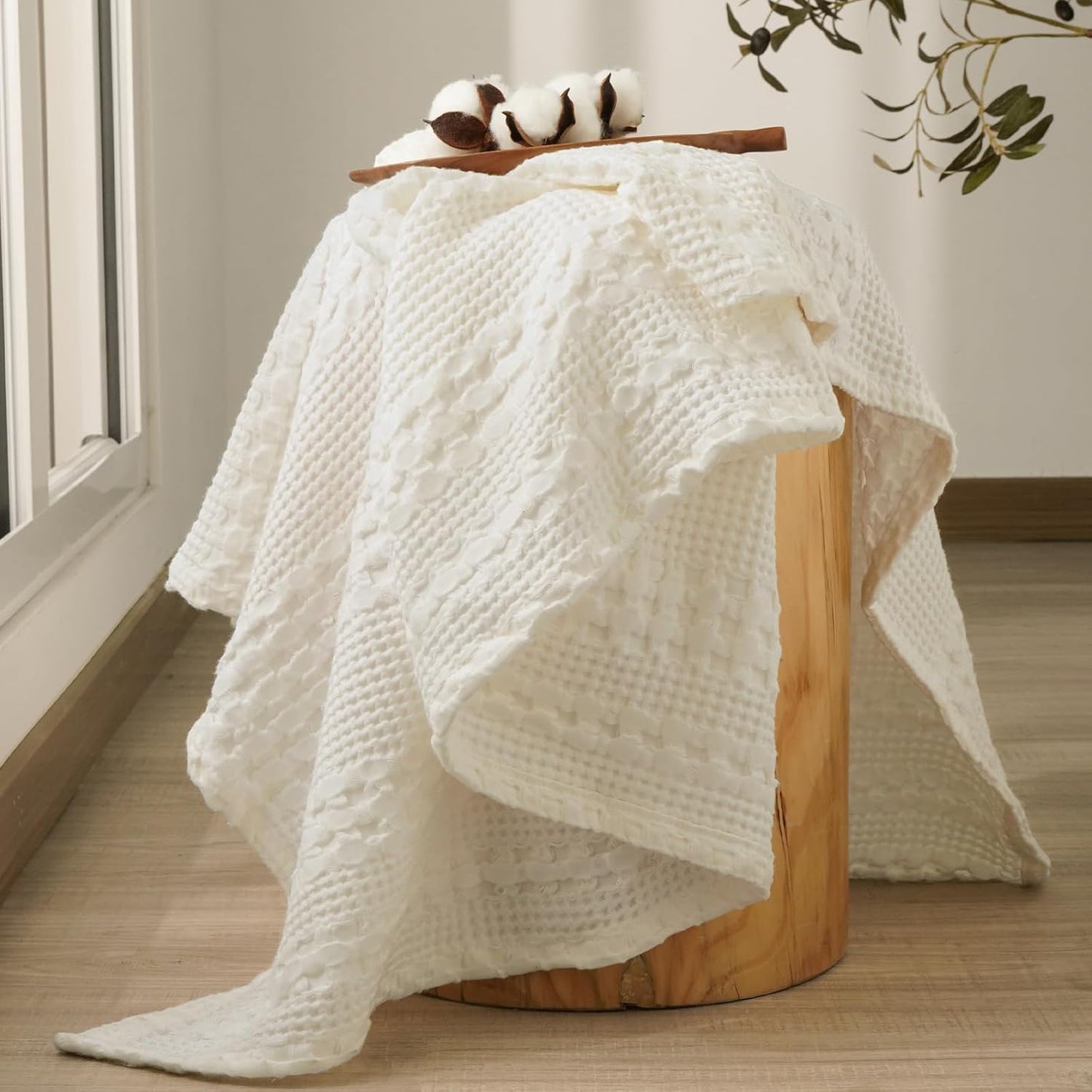 PHF 100% Cotton Waffle Weave Throw Blanket, Soft Lightweight Breathable Cozy Throws for Couch Bed Sofa, Luxury Aesthetic Woven Blanket for Home Decor & Office, 50"x60", Ivory