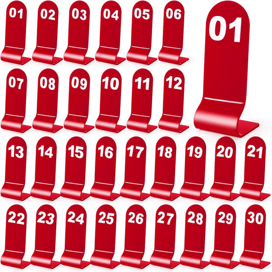 Okllen 1-30 Table Numbers Red, Restaurant Acrylic Order Numbers, Double Sided Table Number Card Signs for Wedding Party Seating Cafes Banquet